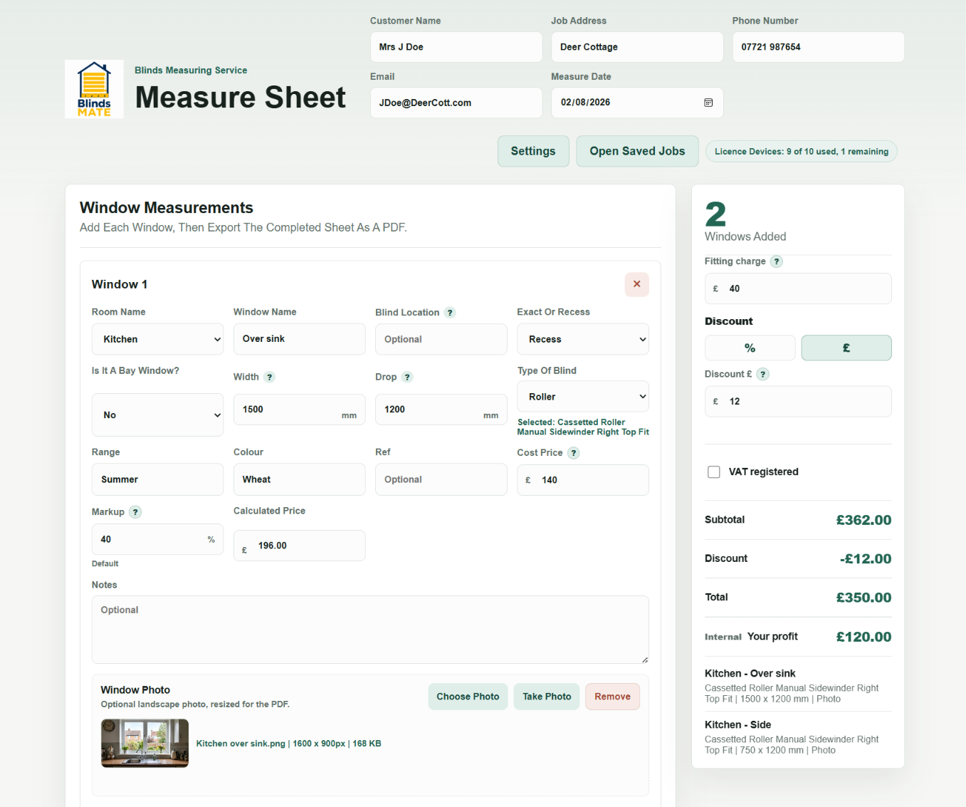 BlindsMATE customer, measurement and pricing screen