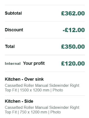 BlindsMATE pricing summary showing total and expected profit