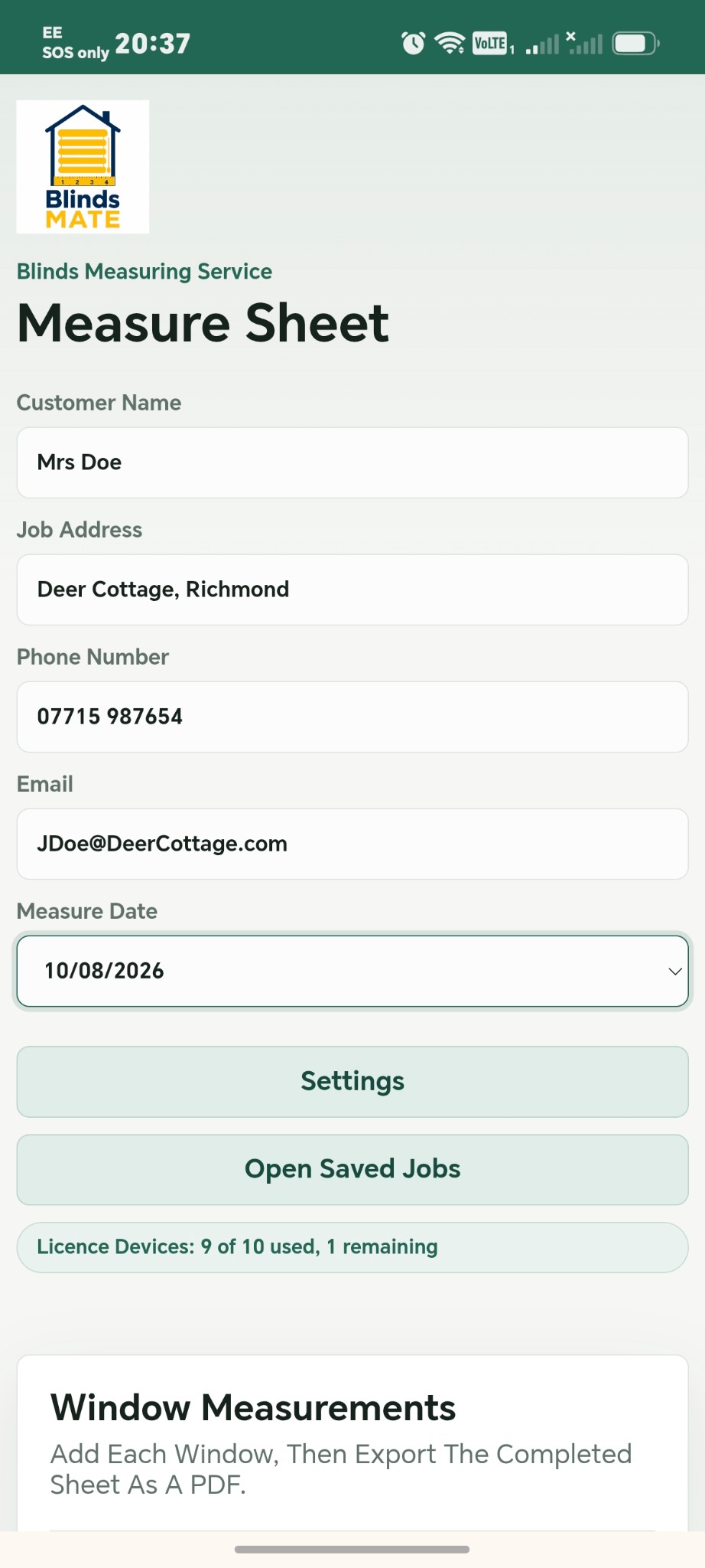 BlindsMATE job screen on a smartphone